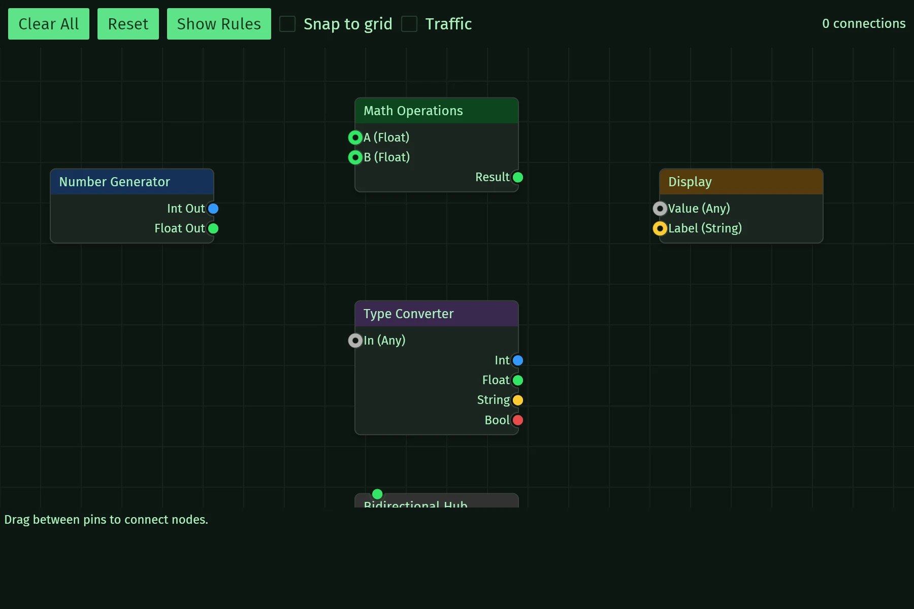 The interaction demo: Pin direction and type rules, connection validation, snap feedback