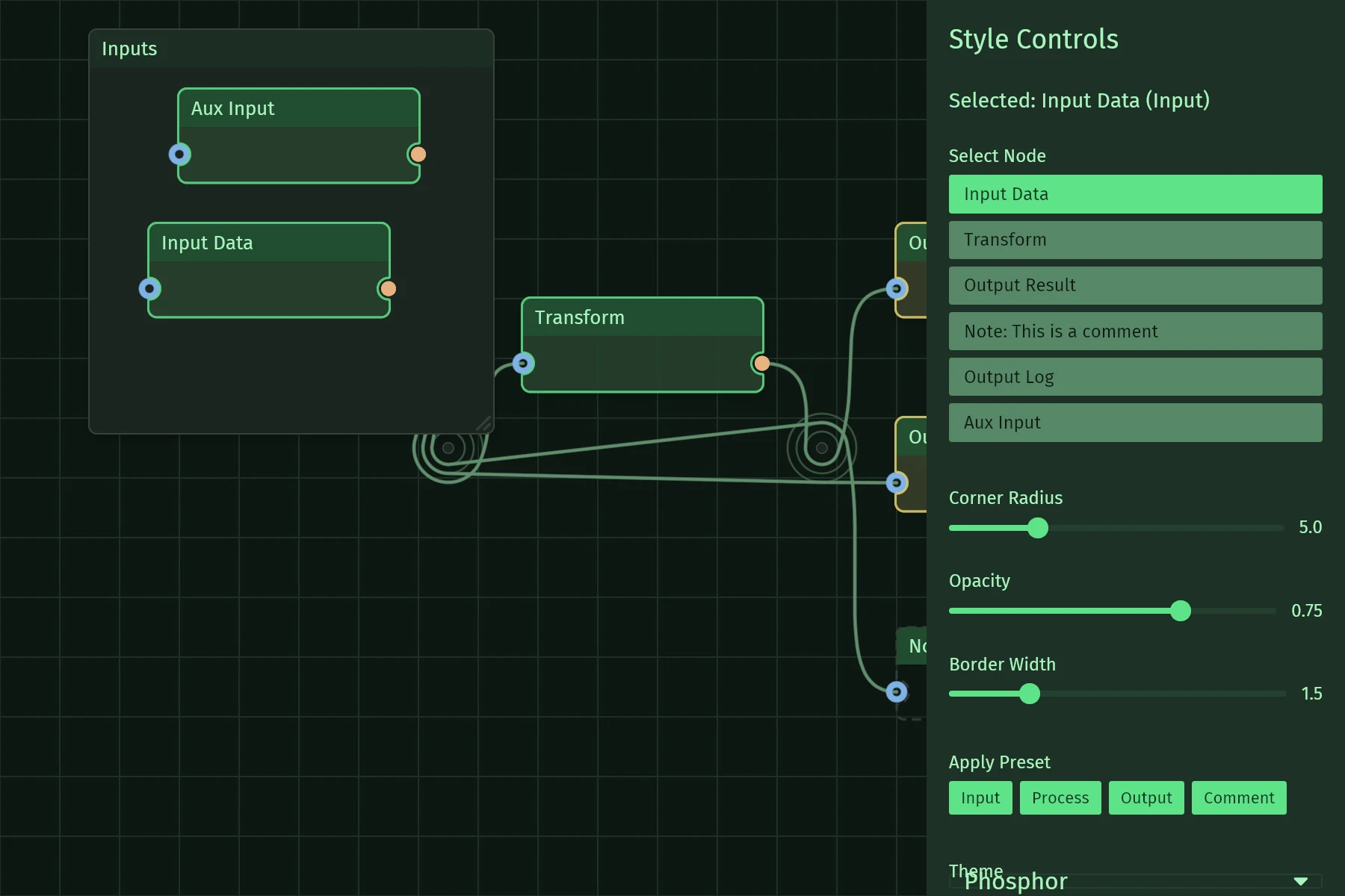 The styling demo: Style presets and live node styling controls